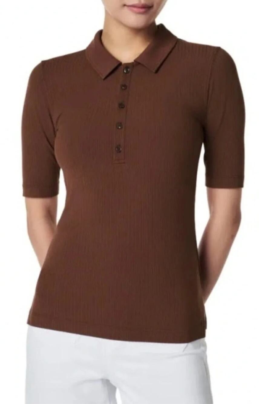 Spanx Hickory Brown Ribbed Stretch Short Sleeve Polo Top